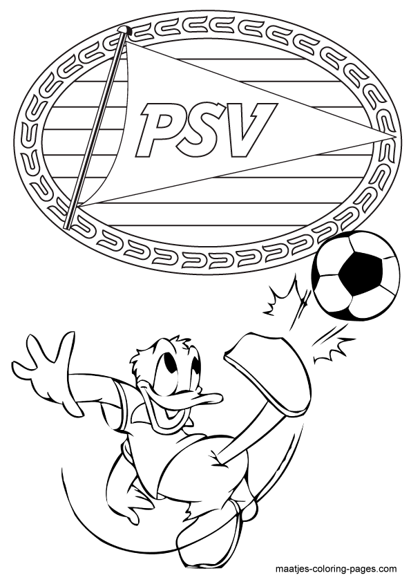 Donald Duck voetbalt bij PSV kleurplaat