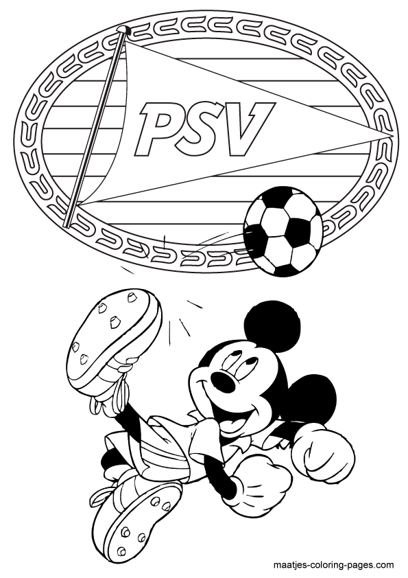 Mickey Mouse voetbalt bij PSV kleurplaat
