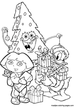 Spongebob as christmas tree and Donald Duck and Dora the Explorer with christmas presents